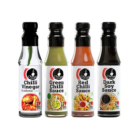 Ching's Secret Dark Soy Sauce Rich, Brown and Zesty + Red Chilli Sauce, Bold, Fiery & Aromatic + Green Chilli Sauce + Chilli Vinegar Combo