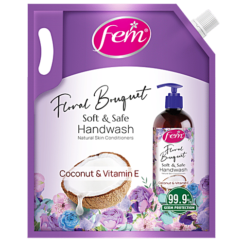 Fem Floral Bouquet Soft & Safe Handwash - Goodness Of Coconut Milk & Vitamin E, 1.5 l Refill Pack