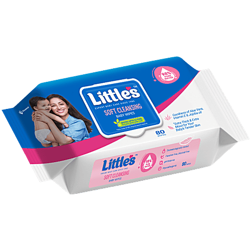 Little's Soft Cleansing Baby Wipes With Lid - Extra Thick With Aloe Vera & Jojoba Oil, 80 pcs